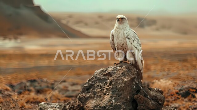 طائر النسر يقف على الرمال الناعمة في الصحراء, مفهوم الافتراس وحدة البصر, تنوع الثروة الحيوانية في المملكة العربية السعودية, الطيور الجارحة والحياة البرية