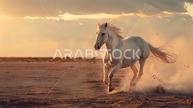 تربية وتدريب وترويض الخيول، توارث حب الجياد من الأجداد إلى الأحفاد، حصان عربي أصيل ابيض اللون يركض فوق الرمال الذهبية الناعمة في المناطق الصحراوية في وقت غروب الشمس، شغف الفروسية ومهارة ركوب الخيل، المحميات الطبيعية في المملكة العربية السعودية