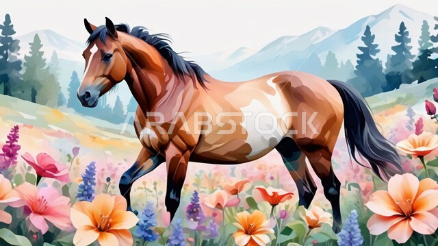 رمز الأصالة والعروبة، إيماءات القفز والركض بسرعة، رسوم ثلاثية الأبعاد بألوان زاهية لخيل عربي سعودي أصيل، توارث حب ورعاية الجياد من الأجداد بين الأجيال في المملكة العربية السعودية، مزارع ومحميات طبيعية لتربية وترويض الحيوانات والأحصنة