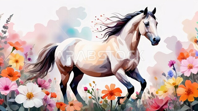 رمز الأصالة والعروبة، إيماءات القفز والركض بسرعة، رسوم ثلاثية الأبعاد بألوان زاهية لخيل عربي سعودي أصيل، توارث حب ورعاية الجياد من الأجداد بين الأجيال في المملكة العربية السعودية، مزارع ومحميات طبيعية لتربية وترويض الحيوانات والأحصنة