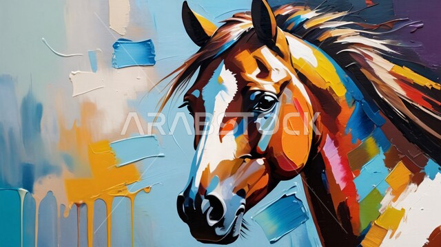 توارث حب ورعاية الجياد من الأجداد بين الأجيال في المملكة العربية السعودية، لوحة فنية بالألوان الزيتية الزاهية لخيل عربي سعودي أصيل، رمز الأصالة والعروبة، مزارع ومحميات طبيعية لتربية وترويض الحيوانات والأحصنة