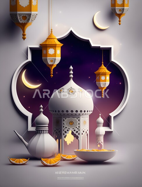 بطاقات تهنئة بمناسبة قدوم رمضان المبارك، تحف وإكسسوارات الاحتفال بالشهر الكريم، مجسمات ثلاثية الأبعاد للديكورات والزخارف والتحف الإسلامية الدينية، الهلال والفوانيس الرمضانية الملونة، أوقات الخير والطاعة والمغفرة