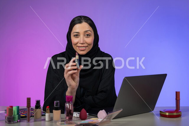 Cosmetics and makeup store, online marketing of cosmetics and makeup products, concept of caring for beauty and skin, portrait of a veiled Gulf Arab Emirati woman promoting a commercial advertisement for selling skin cosmetics, Saudi cosmetics expert, colorful background