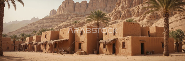 قرية شعبية تراثية في صحراء المملكة العربية السعودية، المباني التاريخية الأثرية القديمة, العراقة والأصالة والتراث السعودي, البيوت والمنازل الطينية المنية على الطراز العربي القديم، تضاريس المناطق الصحراوية والكثبان الرملية، زراعة أشجار النخيل والاهتمام بالطبيعة
