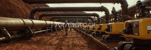 Following up on the progress of work in factories and laboratories, supervising oil refining in Saudi Arabia’s refineries, a panoramic photo from behind of a Saudi Gulf Arab engineer wearing a protective helmet standing between pipes and heavy equipment, working in facilities specialized in petrochemical industries.