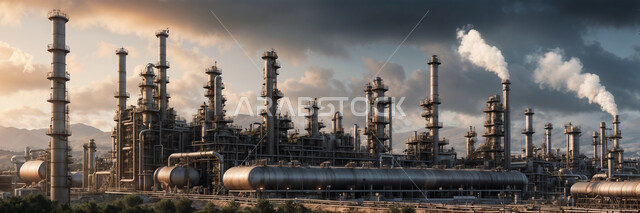 خزانات مستودعات كبيرة وضخمة, الأبراج والهياكل المعدنية في الأراضي الصحراوية, صورة بانورامية لمصافي تكرير النفط والغاز, صناعات ومشاريع بتروكيماوية، مفهوم هندسة البترول في دول الخليج, النهضة بالاقتصاد الوطني السعودي, مصانع الوقود في المملكة العربية السعودية