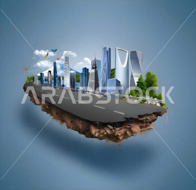 مجسم ثلاثي الابعاد لمعالم المملكة العربية السعودية المشهورة، الطرقات الاسفلتية المعبدة، النمو و التطور العمراني، الفن الهندسي المعماري على الطراز الحديث للابراج وناطحات السحاب، خلفية زرقاء