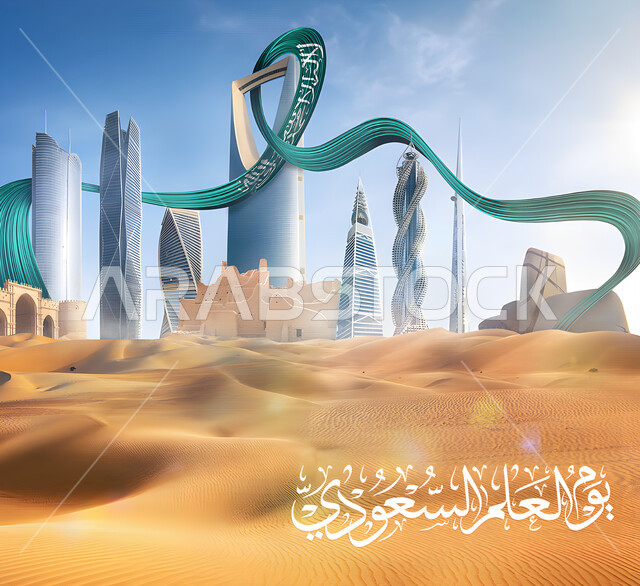 الاعياد والمناسبات الوطنية, الفن الهندسي المعماري للابراج في السعودية, مخطوطة يوم العلم السعودي باللون الابيض باللغة العربية, اليوم الوطني 23 سبتمبر, الرمال الذهبية الناعمة, النمو والتطور العمراني