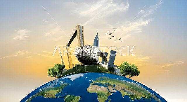 مجسم ثلاثي الابعاد لمعالم الامارات مع الكرة الارضية، النمو و التطور العمراني في الامارات العربية المتحدة، الفن الهندسي المعماري على الطراز الحديث للابراج وناطحات السحاب، الاهتمام بالنباتات الخضراء, خلفية الطبيعة