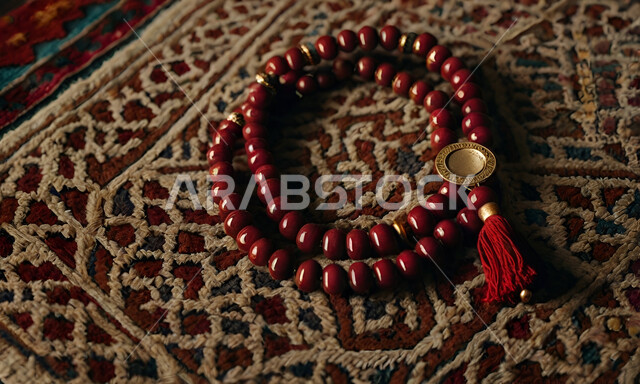 الاجتهاد في العبادة والتقرب إلى الله تعالى، صورة مقربة لسبحة عربية فاخرة مصنوعة من حبات الخرز الأحمر فوق سجادة تقليدية مطرزة، قراءة الأذكار والتسبيحات اليومية، الأجواء الروحانية وأداء العبادات الدينية، الالتزام والتمسك بذكر الله