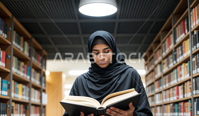 المكتبات وأماكن القراء ومحبي العلم والكتب والمعرفة، صورة مقربة لشابة عربية خليجية سعودية ترتدي الحجاب والعباءة تقف في المكتبة تمسك بيدها كتاب تقرأ بإيماءات الاهتمام والتركيز، الديكورات الداخلية والأرفف المليئة بالقصص والروايات والمجلدات الأدبية