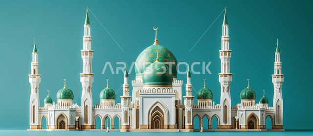 الفن الهندسي المعماري لبناء المساجد في المملكة العربية السعودية، مجسم ثلاثي الابعاد لمسجد على الطراز الاسلامي ، دعوة المسلمين لأداء الفرائض الدينية والصلاة ، العبادة والتقرب إلى الله، ديكورات وتصاميم خارجية حديثة