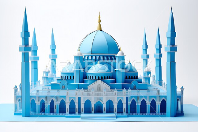 الفن الهندسي المعماري لبناء المساجد في المملكة العربية السعودية، مجسم ثلاثي الابعاد لمسجد على الطراز الاسلامي ، دعوة المسلمين لأداء الفرائض الدينية والصلاة ، العبادة والتقرب إلى الله، ديكورات وتصاميم خارجية حديثة