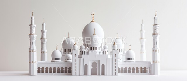 الفن الهندسي المعماري لبناء المساجد في المملكة العربية السعودية، مجسم ثلاثي الابعاد لمسجد على الطراز الاسلامي ، دعوة المسلمين لأداء الفرائض الدينية والصلاة ، العبادة والتقرب إلى الله، ديكورات وتصاميم خارجية حديثة