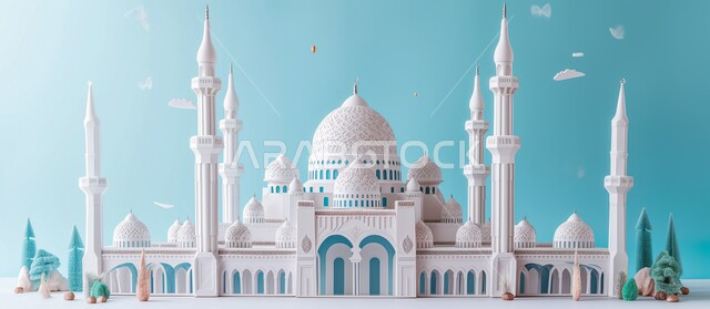 الفن الهندسي المعماري لبناء المساجد في المملكة العربية السعودية، مجسم ثلاثي الابعاد لمسجد على الطراز الاسلامي ، دعوة المسلمين لأداء الفرائض الدينية والصلاة ، العبادة والتقرب إلى الله، ديكورات وتصاميم خارجية حديثة