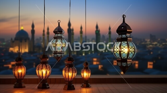 الفوانيس العربية المزخرفة المضيئة، الاجواء الرمضانية الروحانية، الاحتفال بقدوم شهر الخير, مفهوم العبادة والطاعة والتقرب الى الله، زينة وديكورات على الطراز العربي الاسلامي للاعياد والمناسبات الدينية