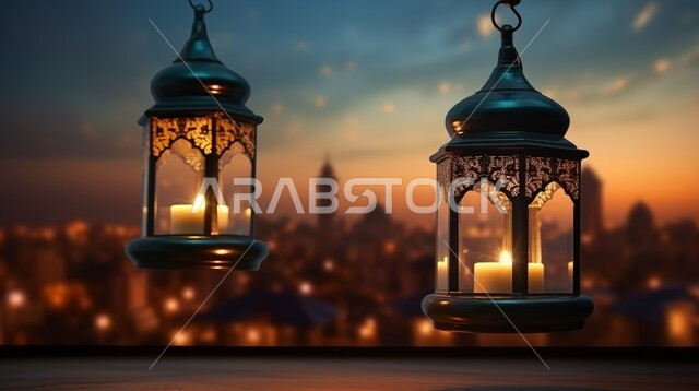الفوانيس العربية المزخرفة المضيئة، الاجواء الرمضانية الروحانية، الاحتفال بقدوم شهر الخير, مفهوم العبادة والطاعة والتقرب الى الله، زينة وديكورات على الطراز العربي الاسلامي للاعياد والمناسبات الدينية