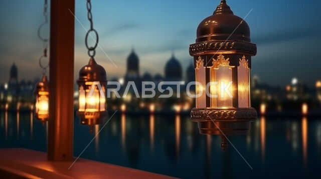الفوانيس العربية المزخرفة المضيئة، الاجواء الرمضانية الروحانية، الاحتفال بقدوم شهر الخير, مفهوم العبادة والطاعة والتقرب الى الله، زينة وديكورات على الطراز العربي الاسلامي للاعياد والمناسبات الدينية