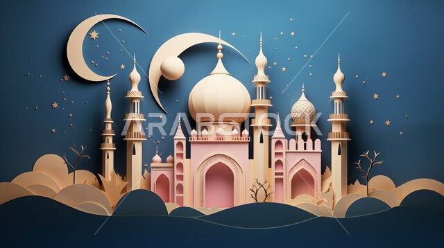 الاعياد والمناسبات الدينية، مجسم ثلاثي الابعاد لمسجد على الطراز الاسلامي، تصاميم وديكورات وزينة اسلامية دينية فاخرة، العبادة والتقرب الى الله في شهر رمضان المبارك، أجواء رمضانية روحانية، بطاقة تهنئة المسلمين بقدوم العيد