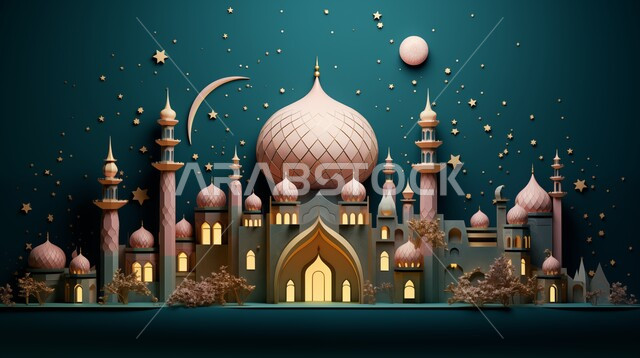 Religious holidays and occasions, a three-dimensional model of an Islamic-style mosque, luxurious religious Islamic designs, decorations and decorations, worship and getting closer to God in the blessed month of Ramadan, a spiritual Ramadan atmosphere, a card congratulating Muslims on the arrival of Eid, a white background.