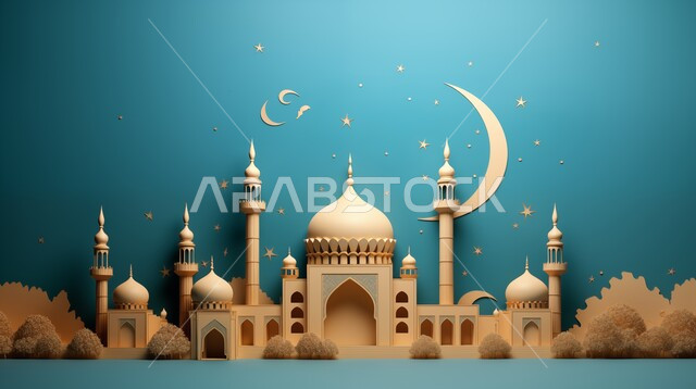 الاعياد والمناسبات الدينية، مجسم ثلاثي الابعاد لمسجد على الطراز الاسلامي، تصاميم وديكورات وزينة اسلامية دينية فاخرة، العبادة والتقرب الى الله في شهر رمضان المبارك، أجواء رمضانية روحانية، بطاقة تهنئة المسلمين بقدوم العيد