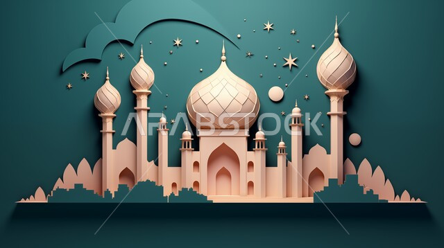 Religious holidays and occasions, a three-dimensional model of an Islamic-style mosque, luxurious religious Islamic designs, decorations and decorations, worship and getting closer to God in the blessed month of Ramadan, a spiritual Ramadan atmosphere, a card congratulating Muslims on the arrival of Eid, a white background.