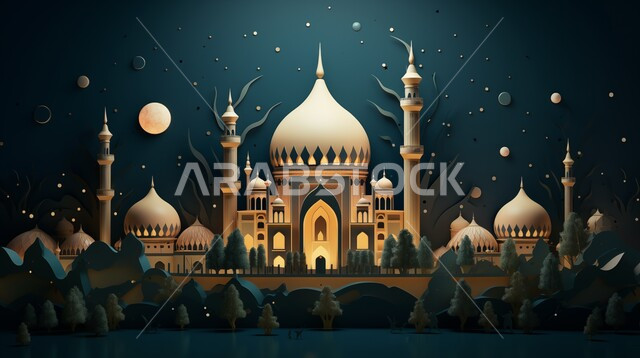 الاعياد والمناسبات الدينية، مجسم ثلاثي الابعاد لمسجد على الطراز الاسلامي، تصاميم وديكورات وزينة اسلامية دينية فاخرة، العبادة والتقرب الى الله في شهر رمضان المبارك، أجواء رمضانية روحانية، بطاقة تهنئة المسلمين بقدوم العيد