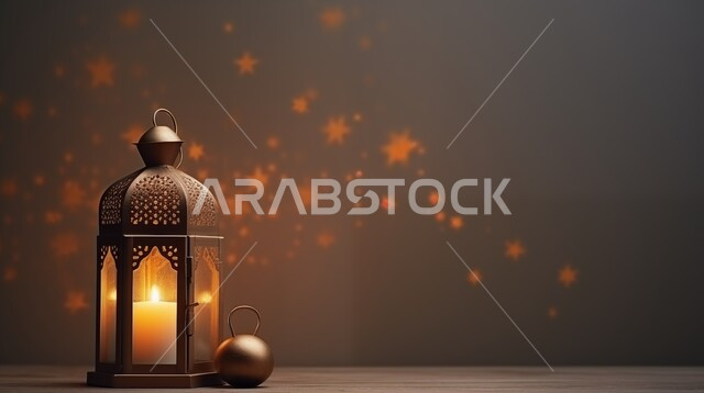 Spiritual Ramadan atmosphere, illuminated Arabic lanterns, celebrating the arrival of the month of goodness, the concept of worship, obedience and drawing closer to God, decorations and ornaments in the Arab-Islamic style for religious holidays and occasions