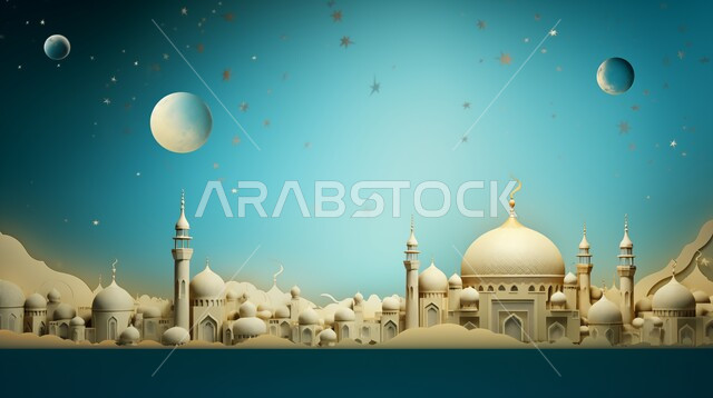 مجسم ثلاثي الابعاد لمسجد على الطراز الاسلامي، الاعياد والمناسبات الدينية، تصاميم وديكورات وزينة اسلامية دينية فاخرة، العبادة والتقرب الى الله في شهر رمضان المبارك، أجواء رمضانية روحانية، بطاقة تهنئة المسلمين بقدوم العيد