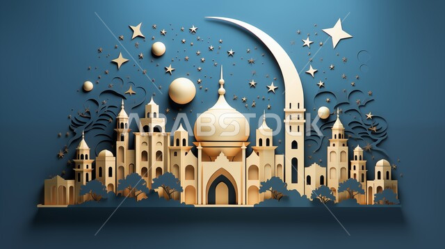 مجسم ثلاثي الابعاد لمسجد على الطراز الاسلامي، الاعياد والمناسبات الدينية، تصاميم وديكورات وزينة اسلامية دينية فاخرة، العبادة والتقرب الى الله في شهر رمضان المبارك، أجواء رمضانية روحانية، بطاقة تهنئة المسلمين بقدوم العيد