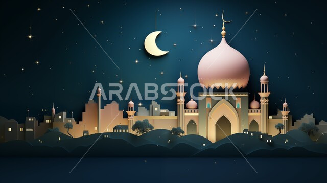 مجسم ثلاثي الابعاد لمسجد على الطراز الاسلامي، الاعياد والمناسبات الدينية، تصاميم وديكورات وزينة اسلامية دينية فاخرة، العبادة والتقرب الى الله في شهر رمضان المبارك، أجواء رمضانية روحانية، بطاقة تهنئة المسلمين بقدوم العيد