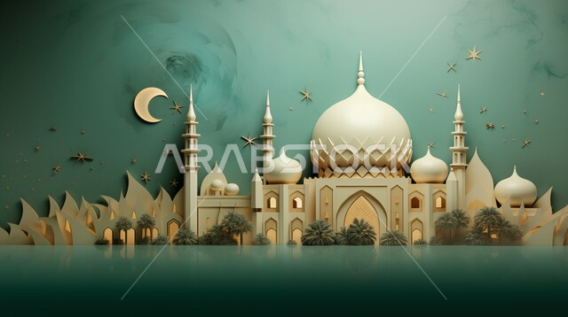 مجسم ثلاثي الابعاد لمسجد على الطراز الاسلامي، الاعياد والمناسبات الدينية، تصاميم وديكورات وزينة اسلامية دينية فاخرة، العبادة والتقرب الى الله في شهر رمضان المبارك، أجواء رمضانية روحانية، بطاقة تهنئة المسلمين بقدوم العيد