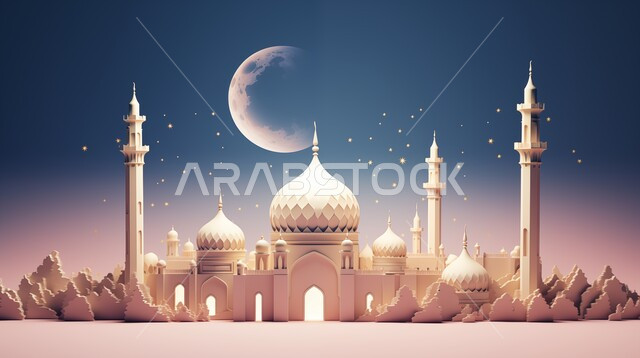 مجسم ثلاثي الابعاد لمسجد على الطراز الاسلامي، الاعياد والمناسبات الدينية، تصاميم وديكورات وزينة اسلامية دينية فاخرة، العبادة والتقرب الى الله في شهر رمضان المبارك، أجواء رمضانية روحانية، بطاقة تهنئة المسلمين بقدوم العيد