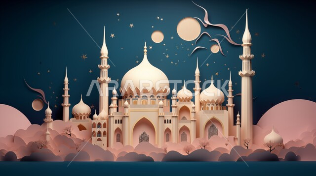 مجسم ثلاثي الابعاد لمسجد على الطراز الاسلامي، الاعياد والمناسبات الدينية، تصاميم وديكورات وزينة اسلامية دينية فاخرة، العبادة والتقرب الى الله في شهر رمضان المبارك، أجواء رمضانية روحانية، بطاقة تهنئة المسلمين بقدوم العيد