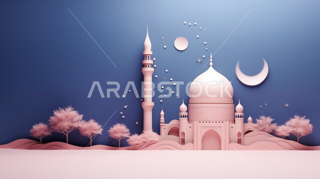 مجسم ثلاثي الابعاد لمسجد على الطراز الاسلامي، الاعياد والمناسبات الدينية، تصاميم وديكورات وزينة اسلامية دينية فاخرة، العبادة والتقرب الى الله في شهر رمضان المبارك، أجواء رمضانية روحانية، بطاقة تهنئة المسلمين بقدوم العيد