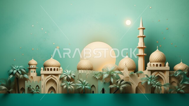 مجسم ثلاثي الابعاد لمسجد على الطراز الاسلامي، الاعياد والمناسبات الدينية، تصاميم وديكورات وزينة اسلامية دينية فاخرة، العبادة والتقرب الى الله في شهر رمضان المبارك، أجواء رمضانية روحانية، بطاقة تهنئة المسلمين بقدوم العيد، خلفية بيضاء