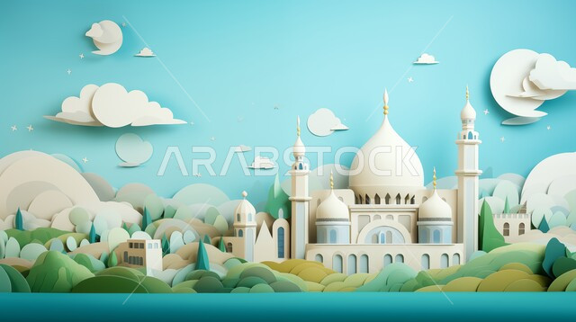 أداء الفرائض والصلوات والتقرب إلى الله، العبادة والتقرب إلى الله، ديكورات وتصاميم خارجية حديثة، الفن الهندسي المعماري لبناء المساجد في المملكة العربية السعودية، مجسم ثلاثي الابعاد لمسجد على الطراز الاسلامي ، خلفية السماء مع الغيوم