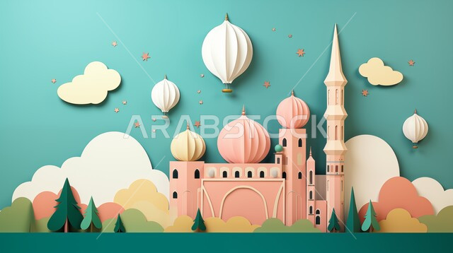 أداء الفرائض والصلوات والتقرب إلى الله، العبادة والتقرب إلى الله، ديكورات وتصاميم خارجية حديثة، الفن الهندسي المعماري لبناء المساجد في المملكة العربية السعودية، مجسم ثلاثي الابعاد لمسجد على الطراز الاسلامي ، خلفية السماء مع الغيوم