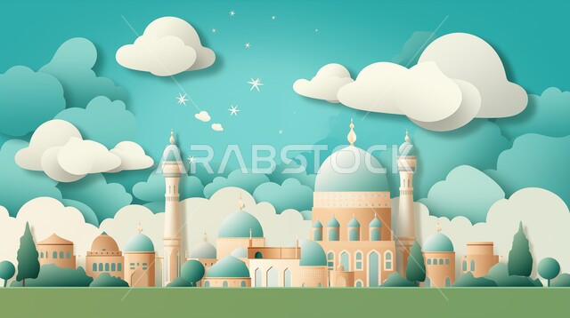 أداء الفرائض والصلوات والتقرب إلى الله، العبادة والتقرب إلى الله، ديكورات وتصاميم خارجية حديثة، الفن الهندسي المعماري لبناء المساجد في المملكة العربية السعودية، مجسم ثلاثي الابعاد لمسجد على الطراز الاسلامي ، خلفية السماء مع الغيوم