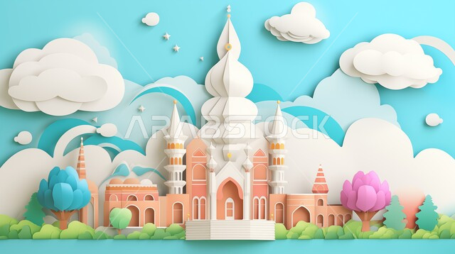 أداء الفرائض والصلوات والتقرب إلى الله، العبادة والتقرب إلى الله، ديكورات وتصاميم خارجية حديثة، الفن الهندسي المعماري لبناء المساجد في المملكة العربية السعودية، مجسم ثلاثي الابعاد لمسجد على الطراز الاسلامي ، خلفية السماء مع الغيوم