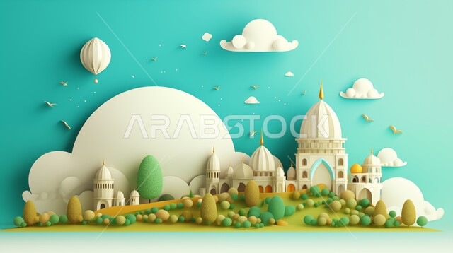 أداء الفرائض والصلوات والتقرب إلى الله، العبادة والتقرب إلى الله، ديكورات وتصاميم خارجية حديثة، الفن الهندسي المعماري لبناء المساجد في المملكة العربية السعودية، مجسم ثلاثي الابعاد لمسجد على الطراز الاسلامي ، خلفية السماء مع الغيوم