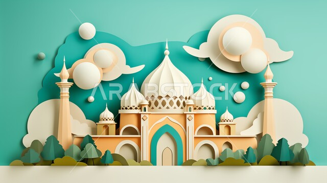 أداء الفرائض والصلوات والتقرب إلى الله، العبادة والتقرب إلى الله، ديكورات وتصاميم خارجية حديثة، الفن الهندسي المعماري لبناء المساجد في المملكة العربية السعودية، مجسم ثلاثي الابعاد لمسجد على الطراز الاسلامي ، خلفية السماء مع الغيوم