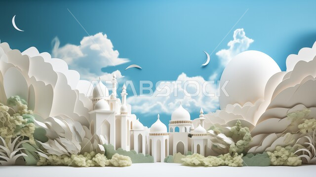 أداء الفرائض والصلوات والتقرب إلى الله، العبادة والتقرب إلى الله، ديكورات وتصاميم خارجية حديثة، الفن الهندسي المعماري لبناء المساجد في المملكة العربية السعودية، مجسم ثلاثي الابعاد لمسجد على الطراز الاسلامي ، خلفية السماء مع الغيوم