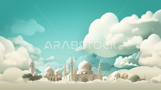 أداء الفرائض والصلوات والتقرب إلى الله، العبادة والتقرب إلى الله، ديكورات وتصاميم خارجية حديثة، الفن الهندسي المعماري لبناء المساجد في المملكة العربية السعودية، مجسم ثلاثي الابعاد لمسجد على الطراز الاسلامي ، خلفية السماء مع الغيوم