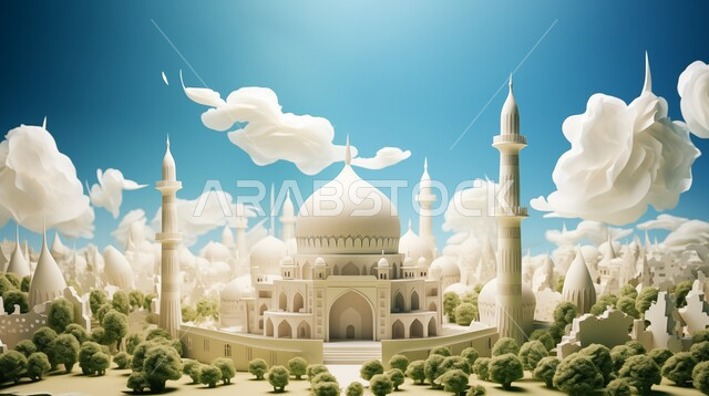العبادة والتقرب إلى الله، أداء الفرائض والصلوات والتقرب إلى الله، ديكورات وتصاميم خارجية حديثة، الفن الهندسي المعماري لبناء المساجد في المملكة العربية السعودية، مجسم ثلاثي الابعاد لمسجد على الطراز الاسلامي ، خلفية السماء مع الغيوم