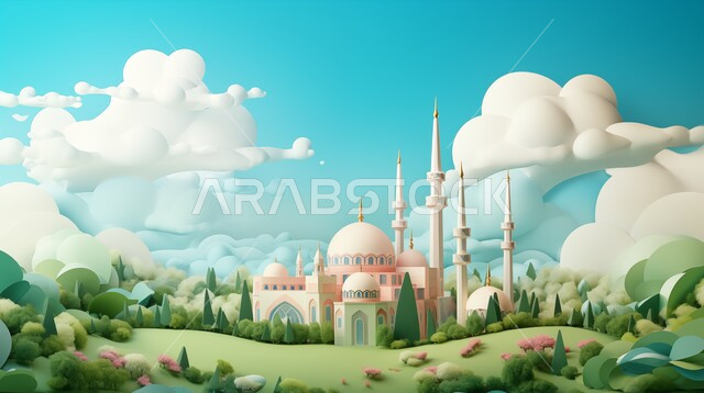 العبادة والتقرب إلى الله، أداء الفرائض والصلوات والتقرب إلى الله، ديكورات وتصاميم خارجية حديثة، الفن الهندسي المعماري لبناء المساجد في المملكة العربية السعودية، مجسم ثلاثي الابعاد لمسجد على الطراز الاسلامي ، خلفية السماء مع الغيوم