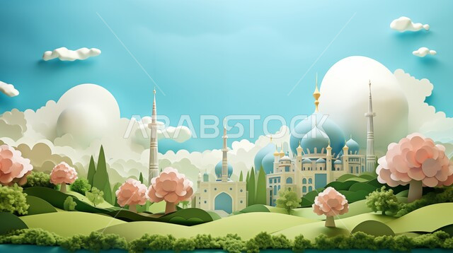 العبادة والتقرب إلى الله، أداء الفرائض والصلوات والتقرب إلى الله، ديكورات وتصاميم خارجية حديثة، الفن الهندسي المعماري لبناء المساجد في المملكة العربية السعودية، مجسم ثلاثي الابعاد لمسجد على الطراز الاسلامي ، خلفية السماء مع الغيوم