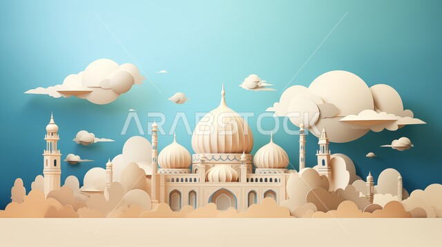 العبادة والتقرب إلى الله، أداء الفرائض والصلوات والتقرب إلى الله، ديكورات وتصاميم خارجية حديثة، الفن الهندسي المعماري لبناء المساجد في المملكة العربية السعودية، مجسم ثلاثي الابعاد لمسجد على الطراز الاسلامي ، خلفية السماء مع الغيوم