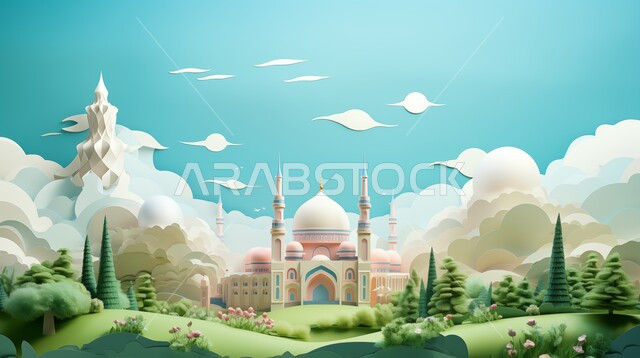 Worship and getting closer to God, performing religious duties and prayers and getting closer to God, modern exterior decorations and designs, architectural engineering art of building mosques in the Kingdom of Saudi Arabia, 3D model of an Islamic-style mosque, sky background with clouds