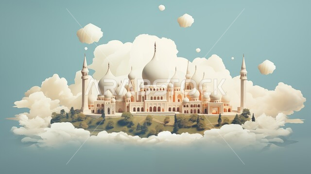 العبادة والتقرب إلى الله، أداء الفرائض والصلوات والتقرب إلى الله، ديكورات وتصاميم خارجية حديثة، الفن الهندسي المعماري لبناء المساجد في المملكة العربية السعودية، مجسم ثلاثي الابعاد لمسجد على الطراز الاسلامي ، خلفية السماء مع الغيوم